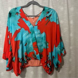 Coral and Teal Kimono Style Blouse